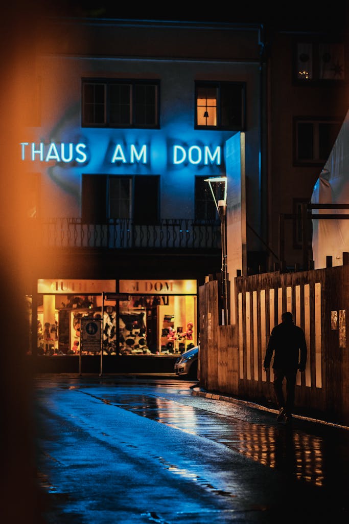 A person walks by a neon sign in Mainz, Germany at night, creating a moody street scene.